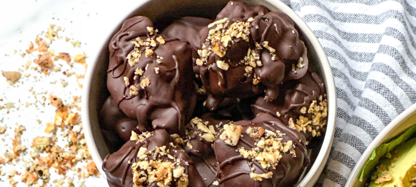 Chocolate covered PB Banana Bites topped with Struesli granola.