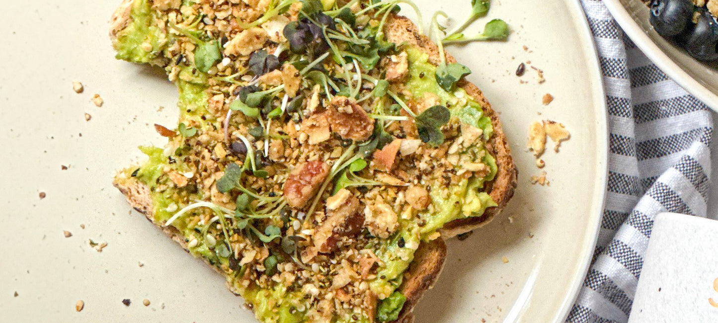 A quick and easy avocado toast using Struesli granola for satisfying crunch.