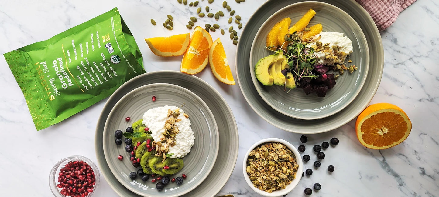 Two plates showing two flavorful ways to enjoy protein-rich cottage cheese with nutrient-dense struesli granola.