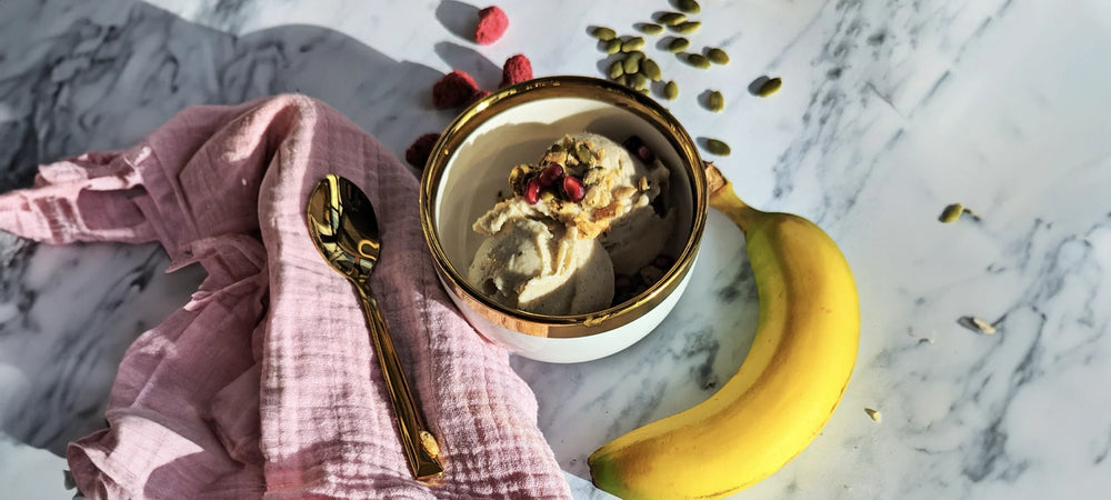 A bowl of flavorful ice cream using bananas with a sprinkle of Struesli granola.