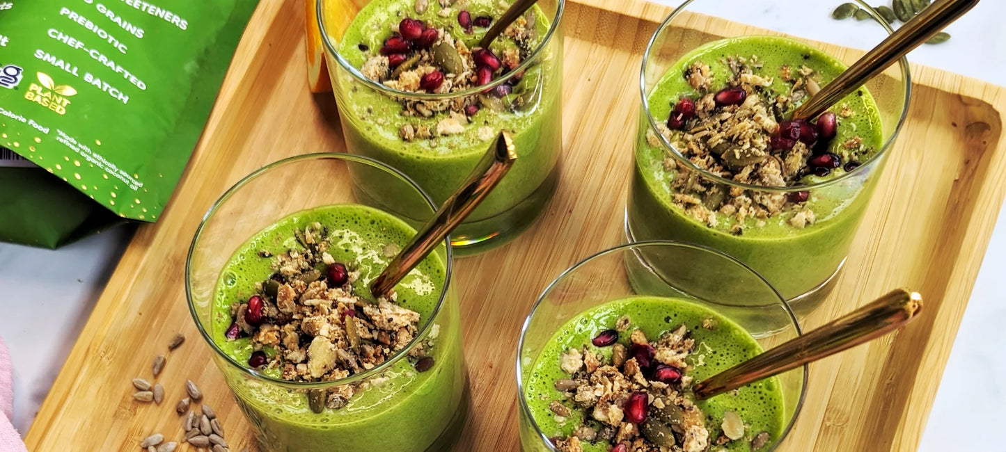 Four vibrant matcha smoothies topped with satisfying Struesli granola.