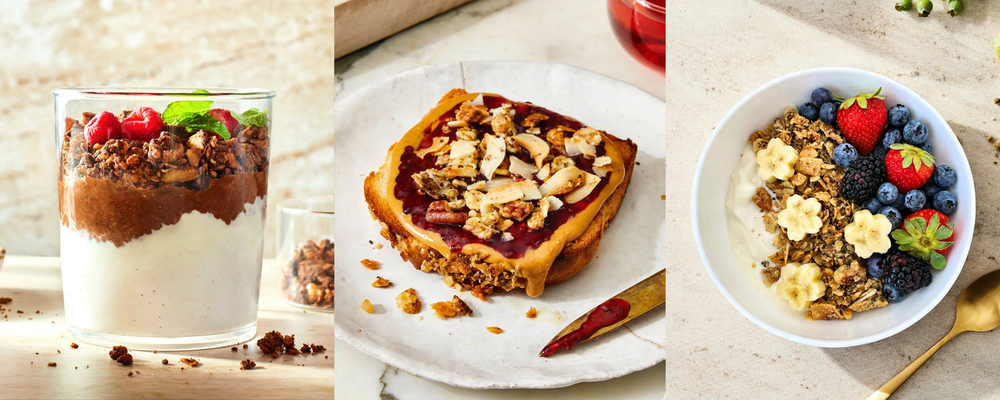 Chia Pudding, Peanut Butter Jelly Toast And Yogurt Bowl Topped WithStruesli Granola