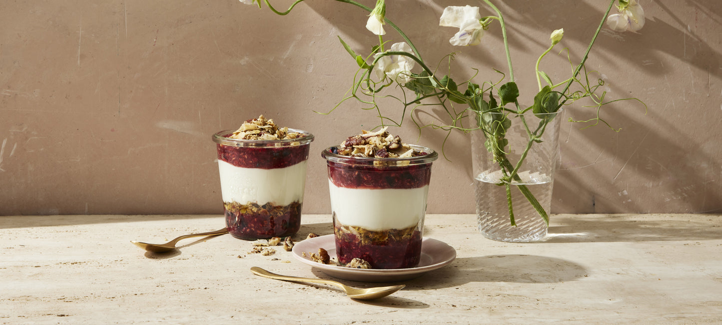 Layered parfaits using preserves, yogurt and Struesli's organic granola for satisfying crunch.
