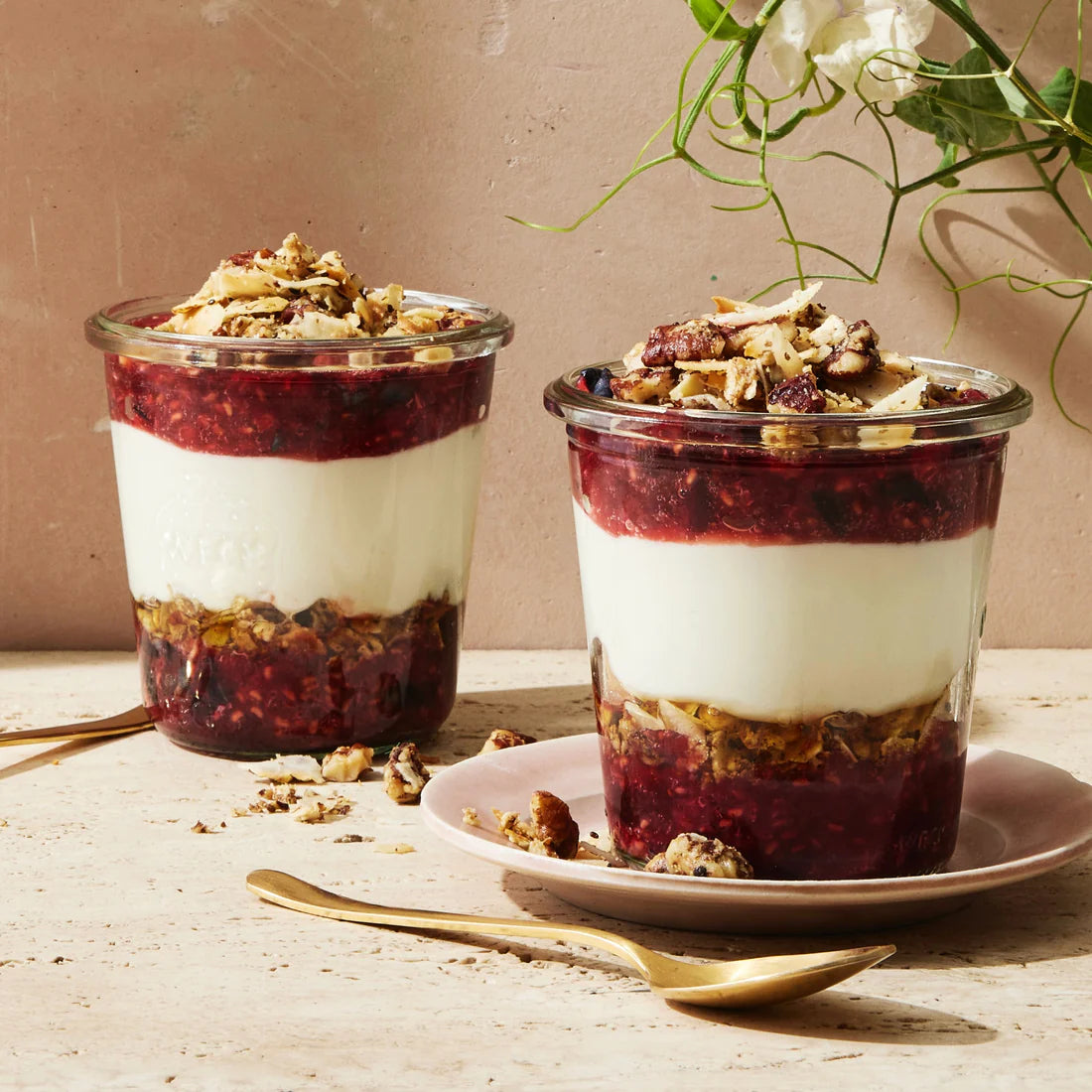 A layered parfait topped with Struesli's organic granola for satisfying crunch.