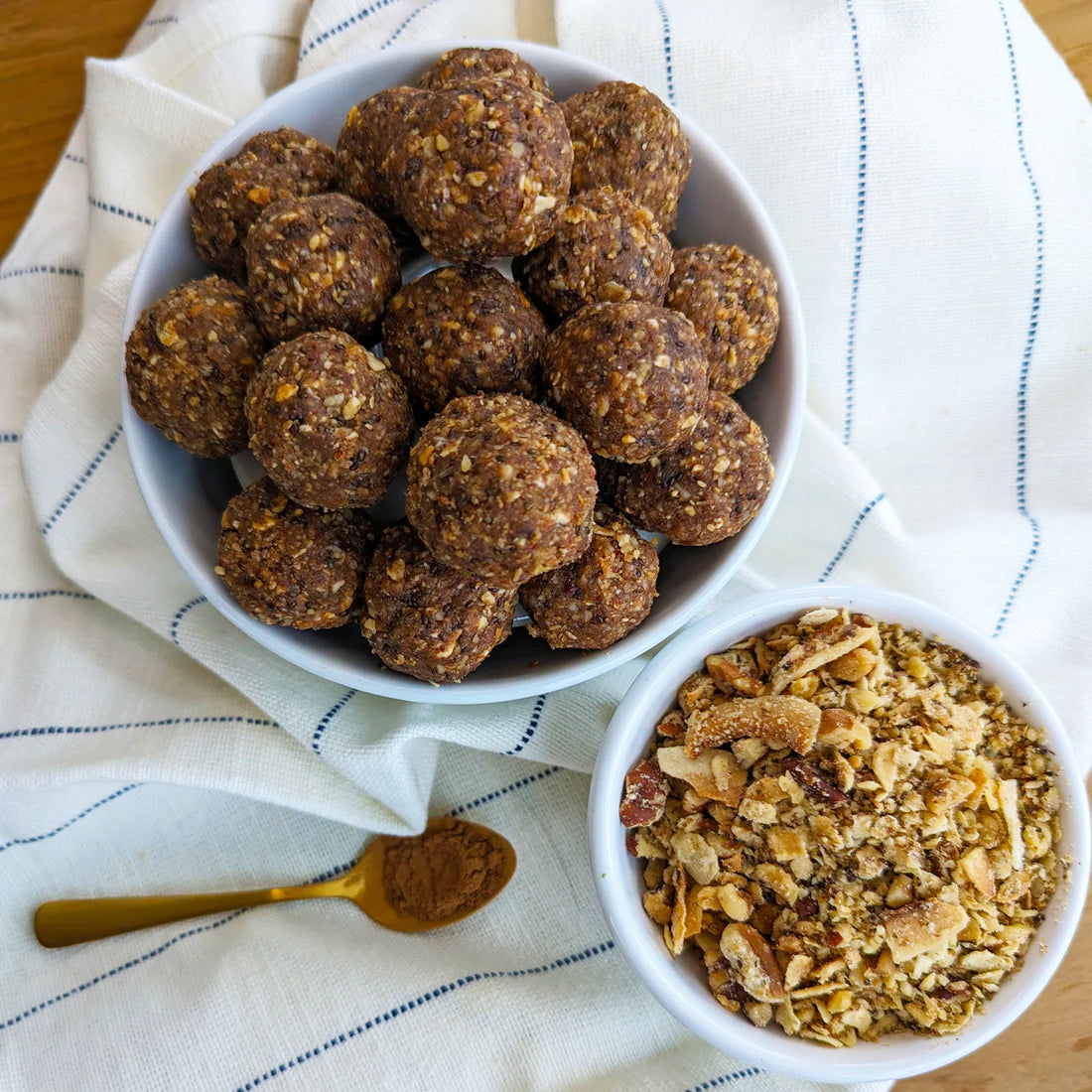 A bowl of bliss bites made using cinnamon, walnuts and Struesli's original granola.