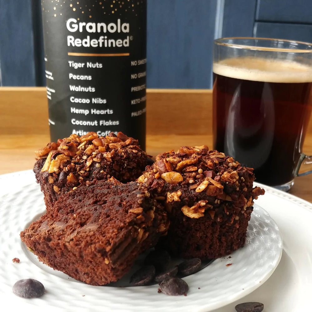 A plate of double chocolate banana muffins made with Struesli's cacao + coffee granola.