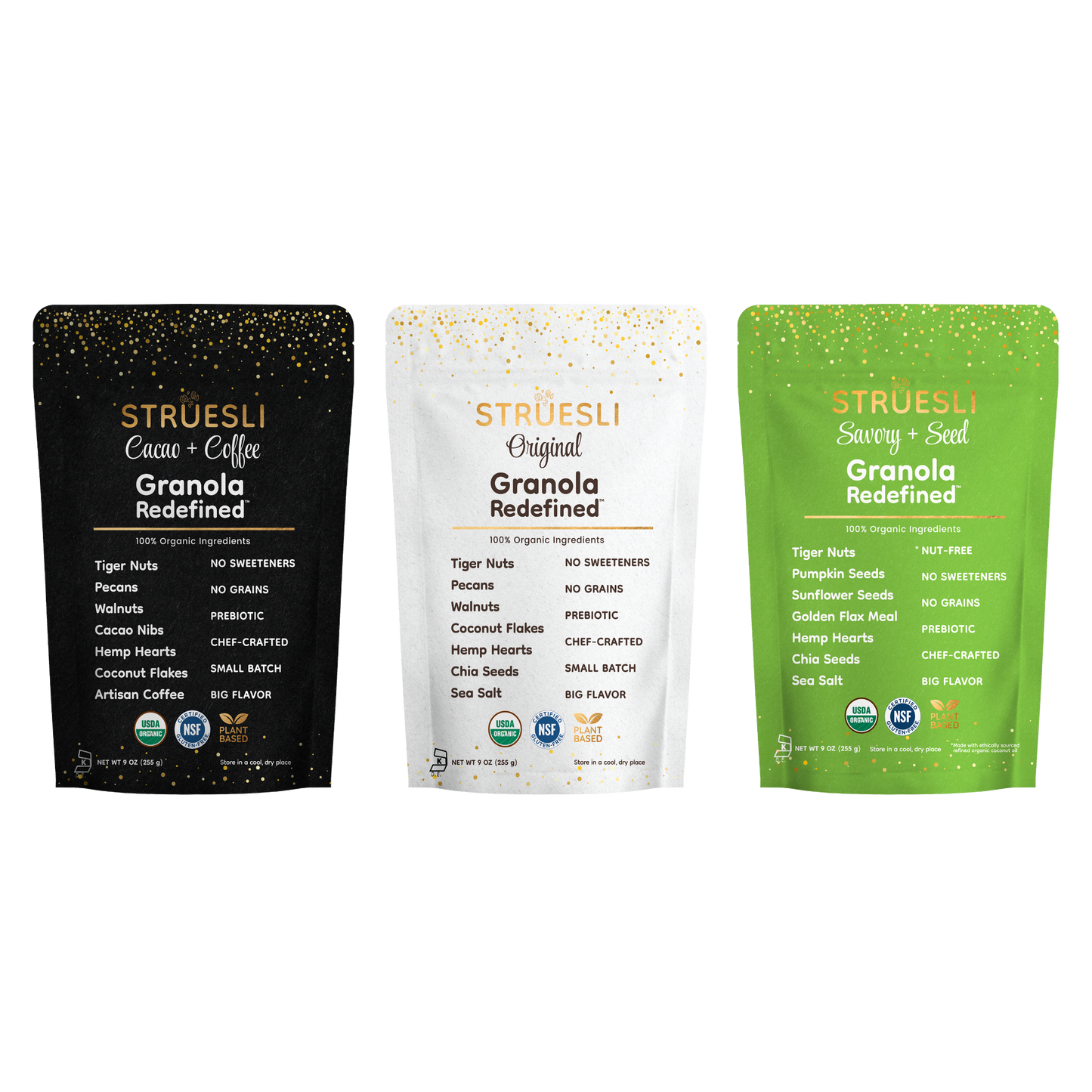 Variety pack with Struesli Granola including Cacao + Coffee, Original and Savory + Seed flavors