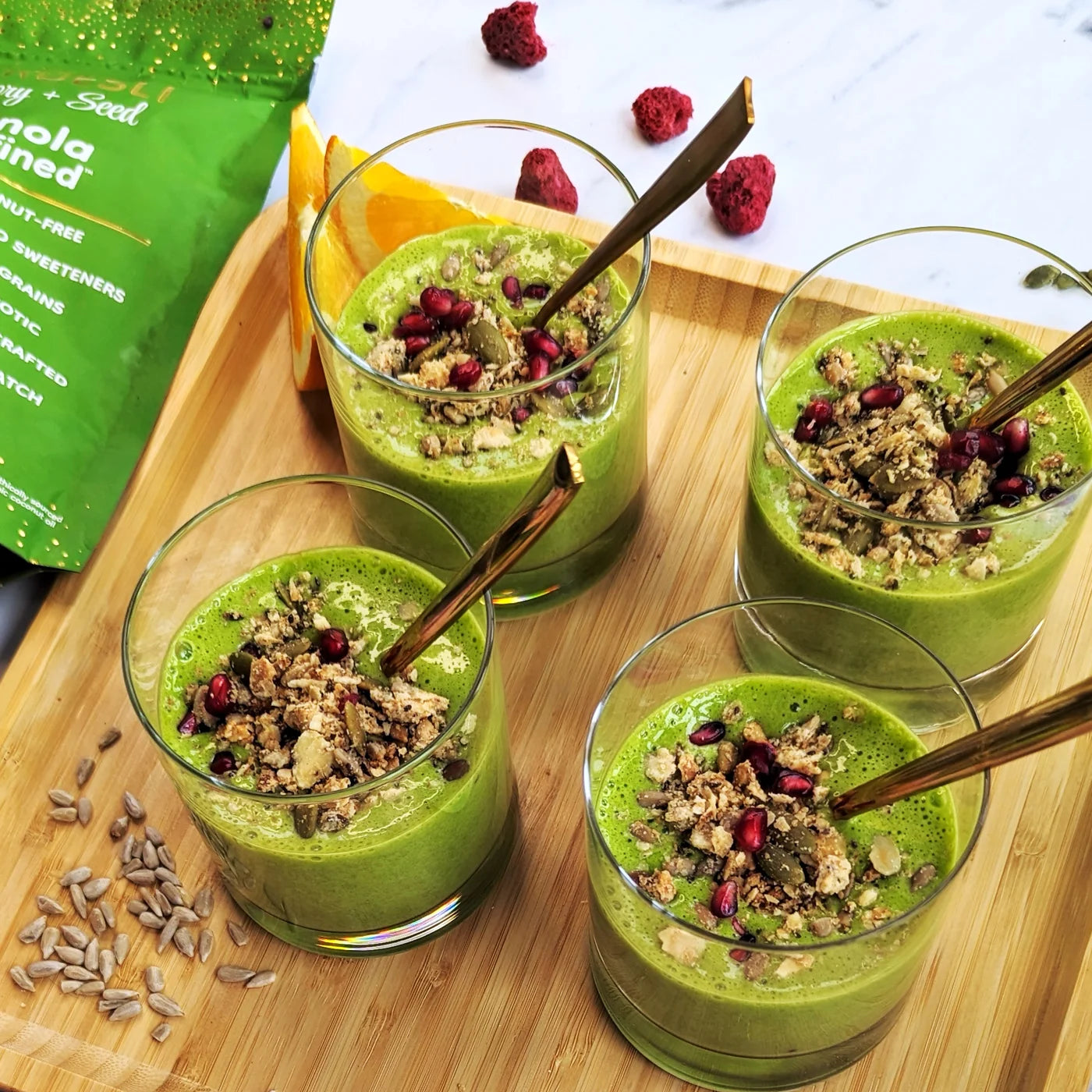 Rich and creamy matcha smoothies topped with Struesli's savory + seed granola.