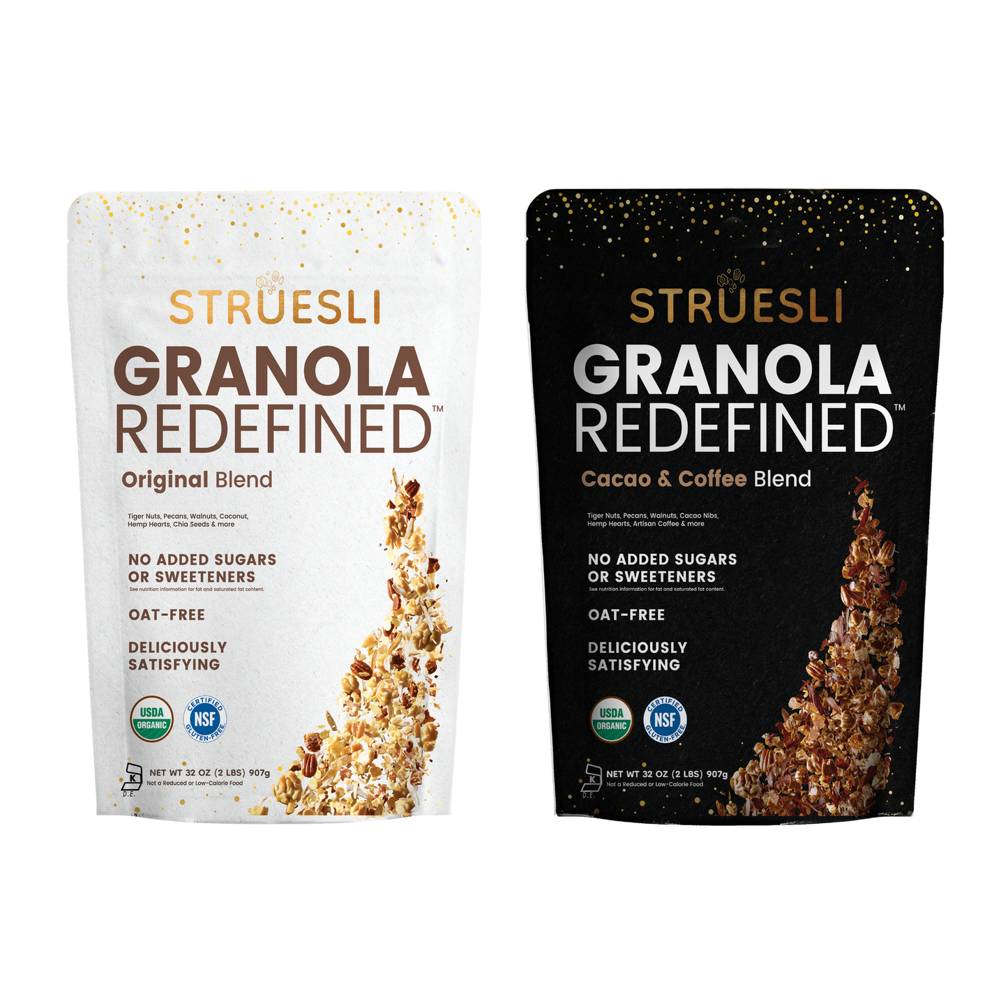 Struesli Granola packages with Original and Cacao + Coffee flavors