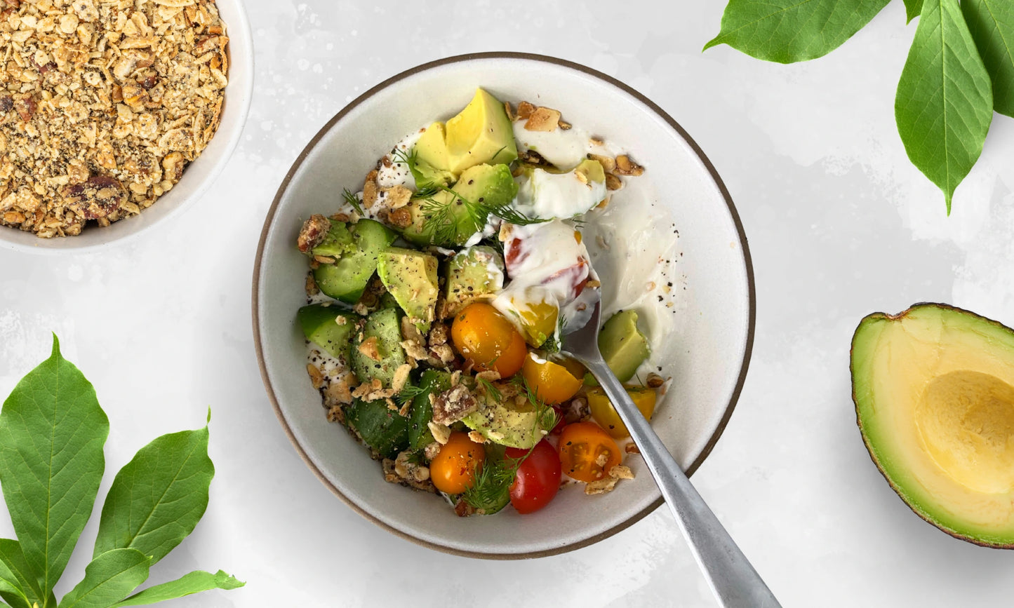 A savory yogurt bowl topped with Struesli grain-free granola