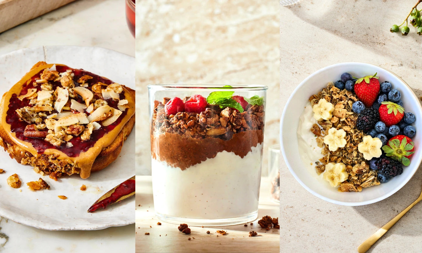 Three dishes topped with Struesli granola: Nut butter sandwich, chia pudding and a yogurt bowl.