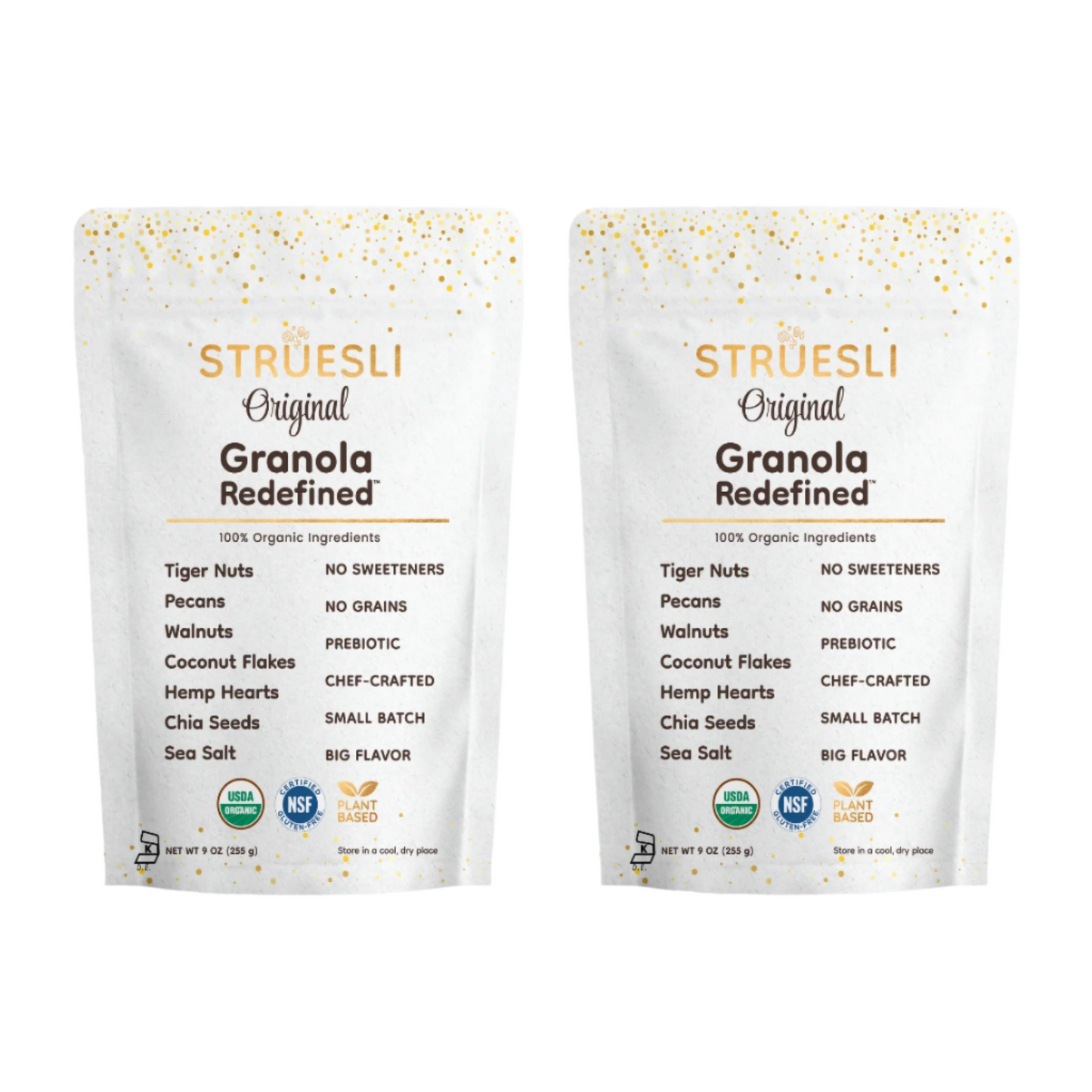 Two packages of Struesli Original Granola featuring organic ingredients such as tiger nuts, pecans, walnuts, coconut flakes, hemp hearts, chia seeds, and sea salt.