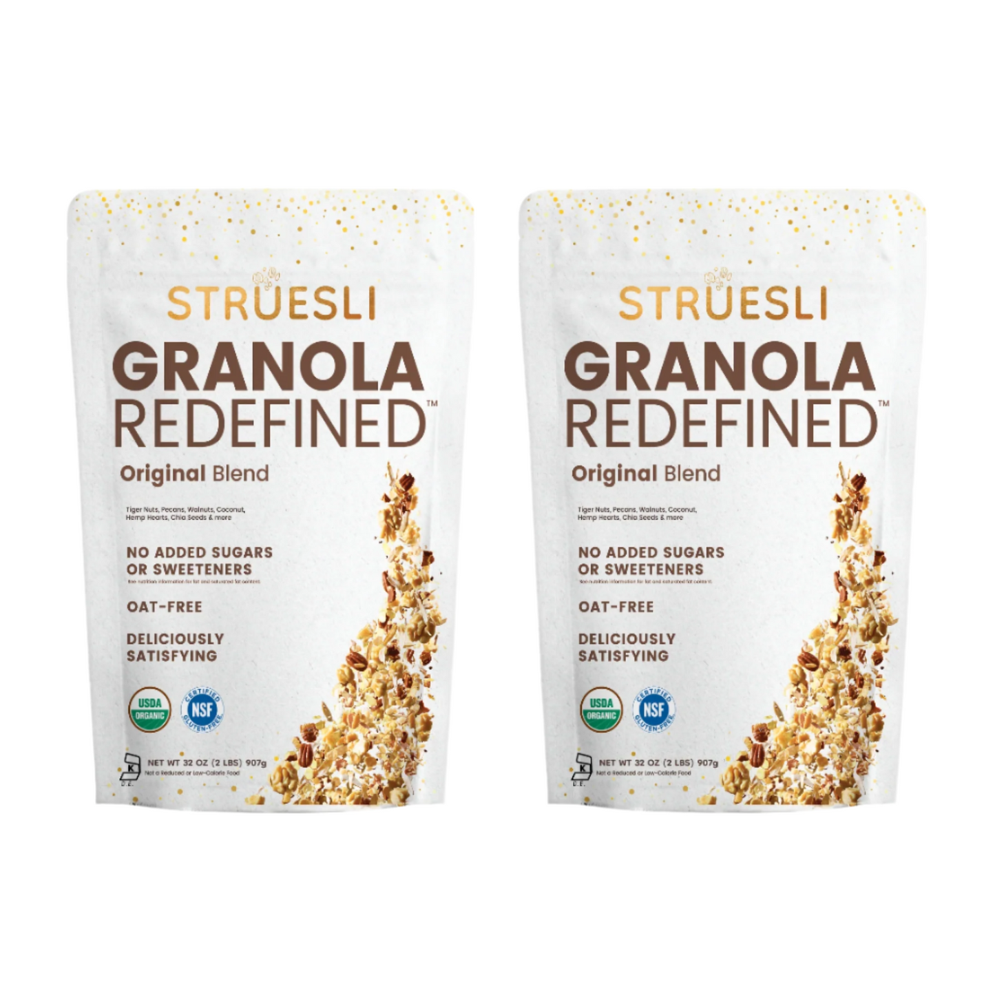 Twin packages of Struesli Original Granola featuring organic ingredients such as tiger nuts, pecans, walnuts, coconut flakes, hemp hearts, chia seeds, and sea salt.