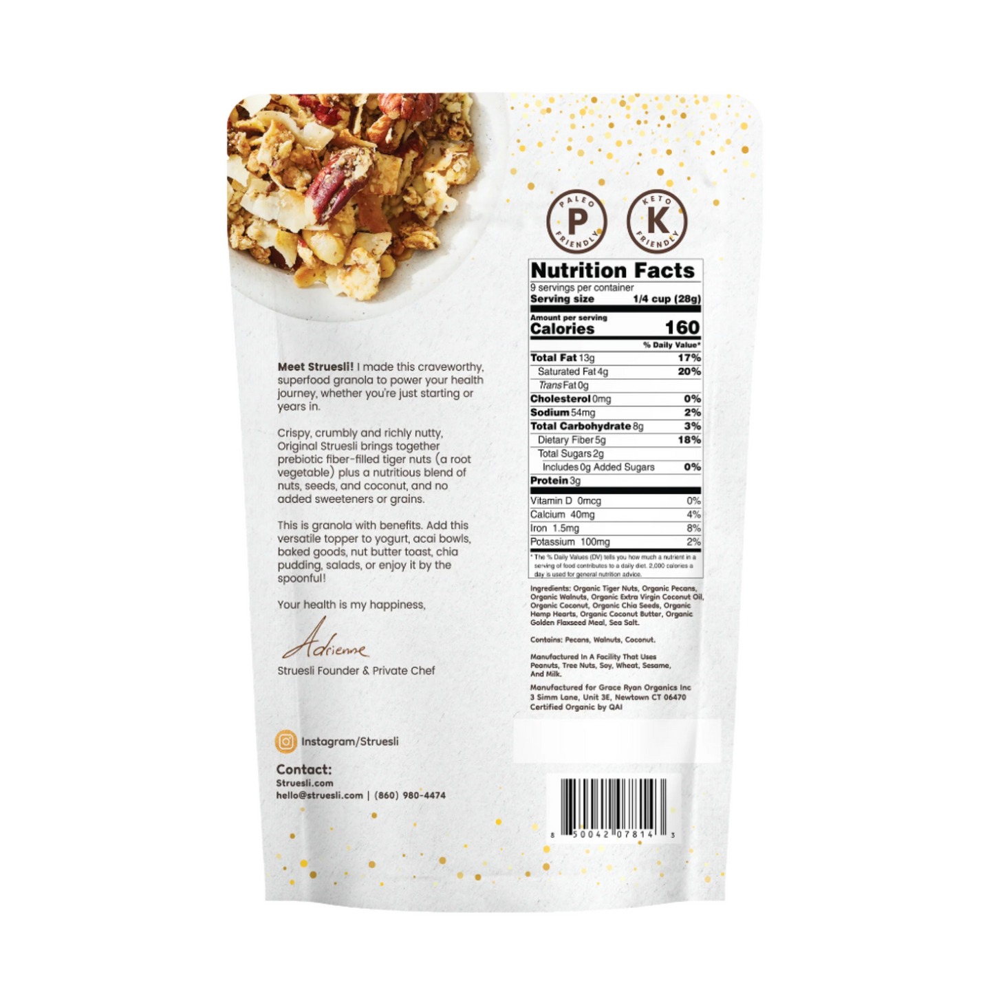Back of Struesli Original Granola package with nutrition information