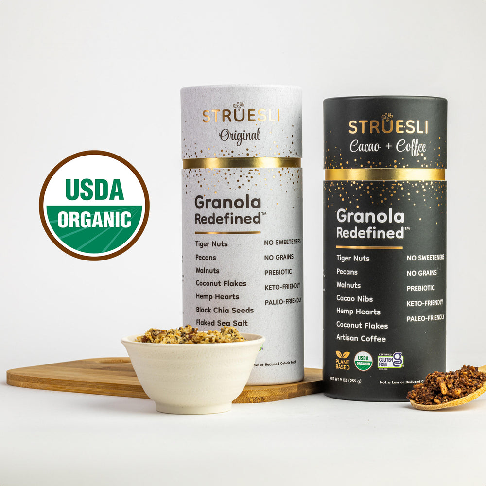 Containers of Struesli granola with USDA Organic certification label