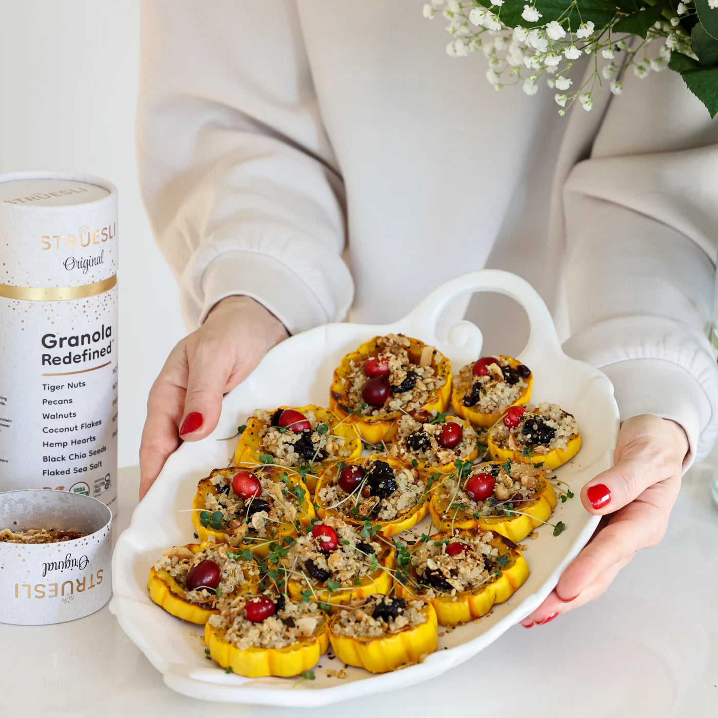 Vegan winter squash rings with granola stuffing.