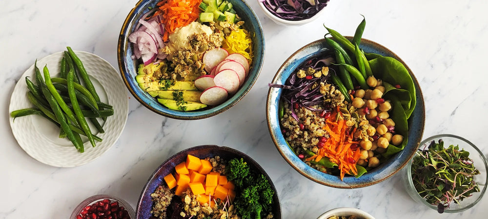 Three vibrant nourish bowls showing a variety of vegetables and nutrient-rich ingredients.