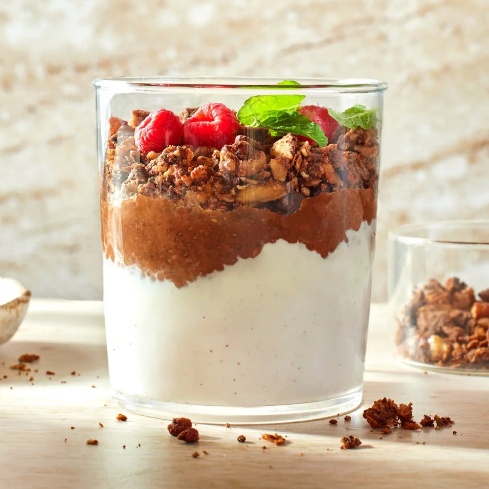Layered Chocolate Chia Pudding With Struesli Cacao + Coffee Granola
