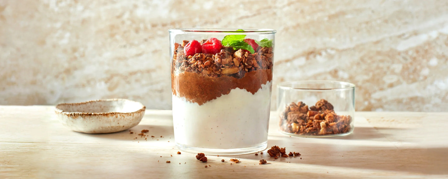 Layered Chocolate Chia Pudding With Struesli Cacao + Coffee Granola