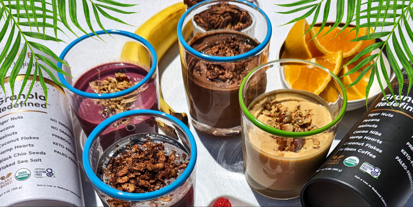 Four flavorful and refreshing smoothies using Struesli Original granola and Struesli cacao + coffee granola.