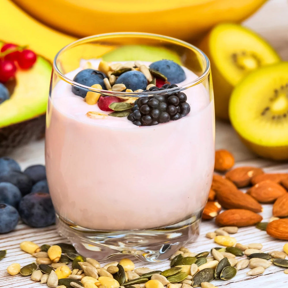 A Fruity Smoothie With Berries and Seeds on Top