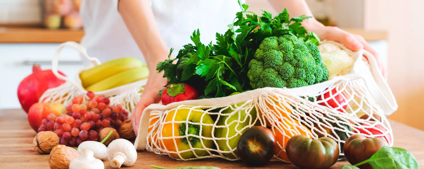 A bag of groceries on a kitchen counter.