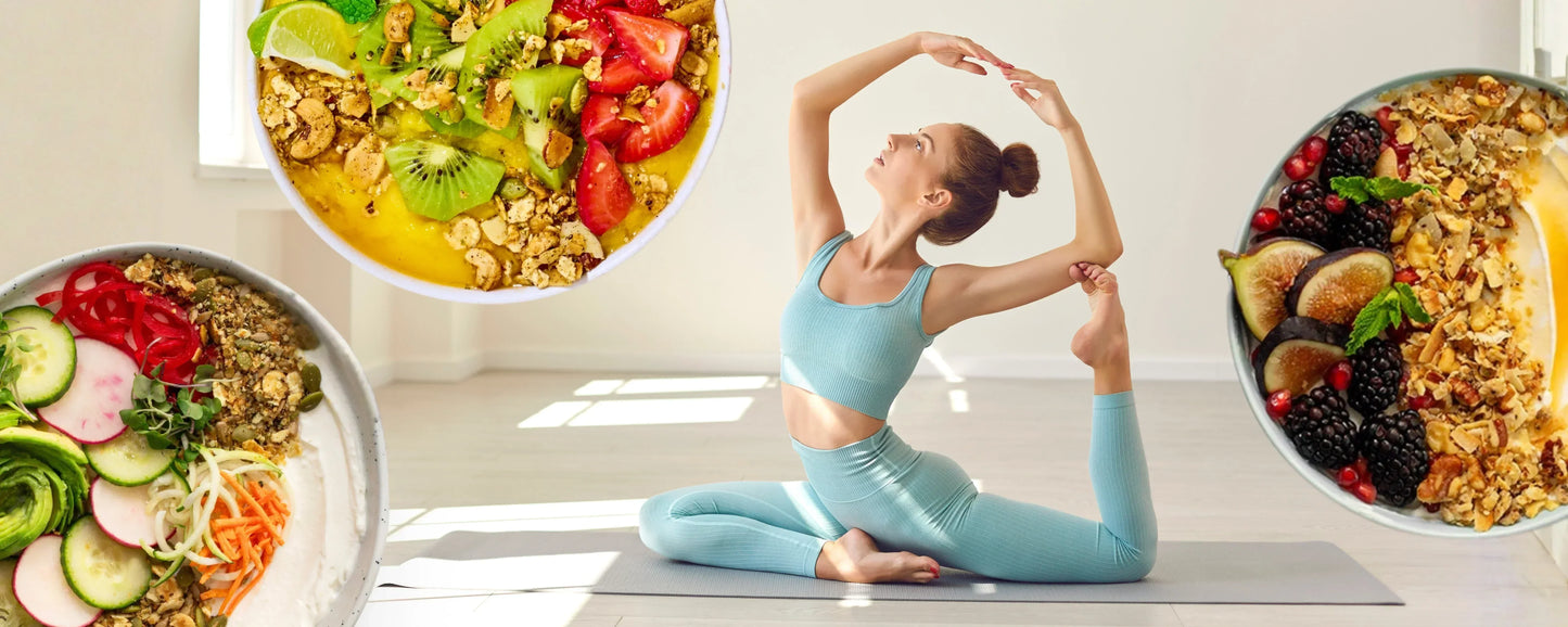 Woman doing yoga surrounded by granola bowls