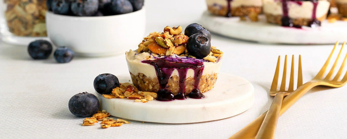 No-Bake Blueberry Cashew Granola Mini Cheesecakes