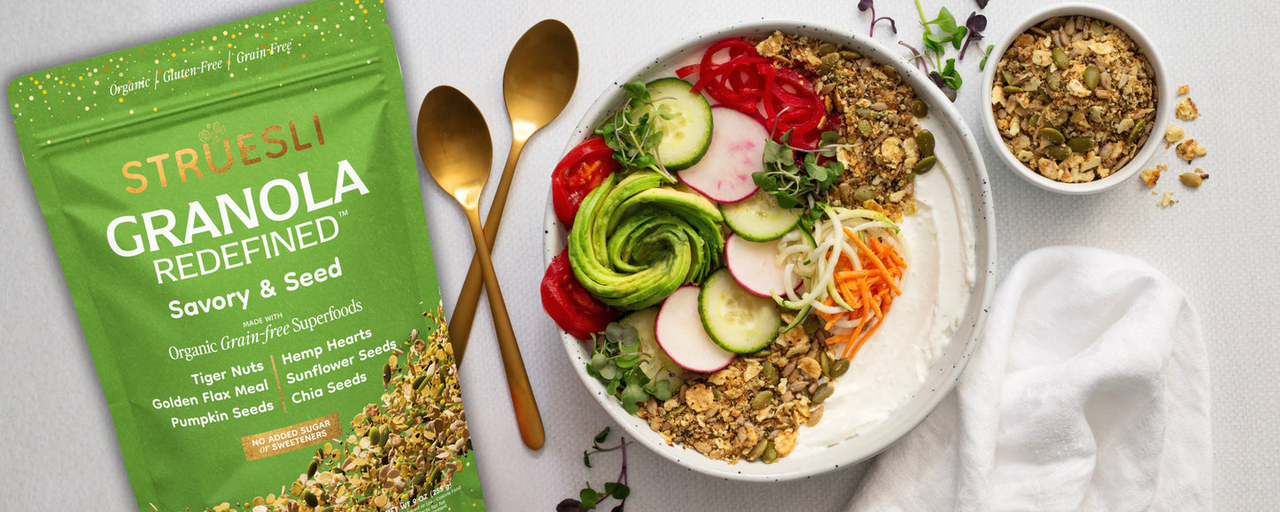 Struesli Savory & Seed and a yogurt bowl topped with vegetables and granola.