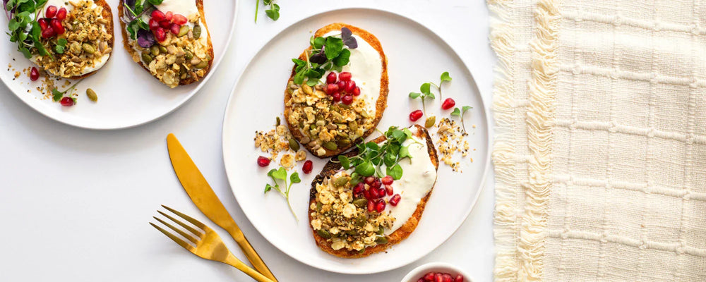 Sweet Potato Toasts With Whipped Feta And Savory Granola
