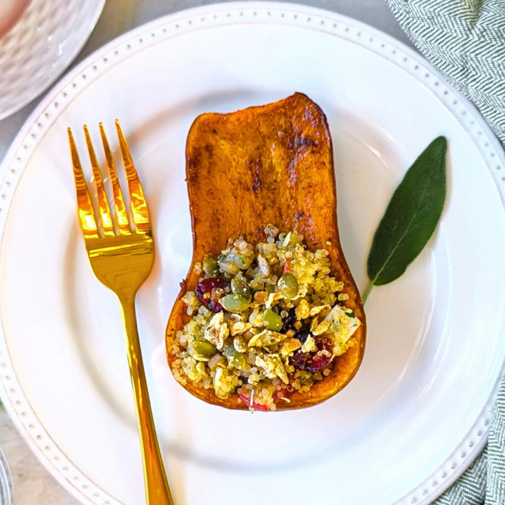 Vegan Honeynut Squash With Ginger-Infused Quinoa and Granola