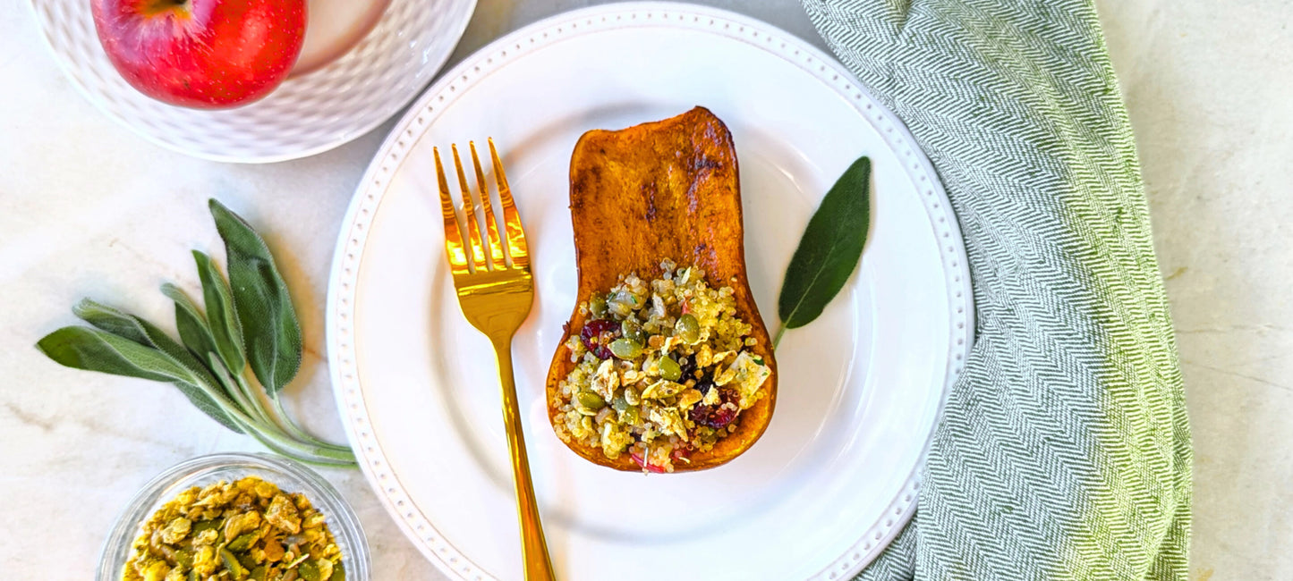 Vegan Honeynut Squash With Ginger-Infused Quinoa and Granola