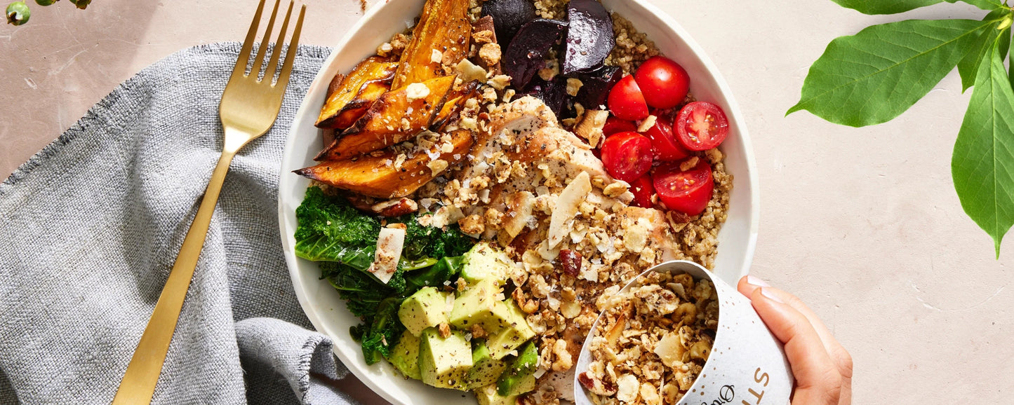 Struesli Organic Original Granola over a savory veggie bowl