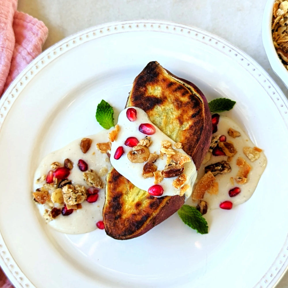 Caramelized Japanese Sweet Potato With Coconut Sauce and Granola