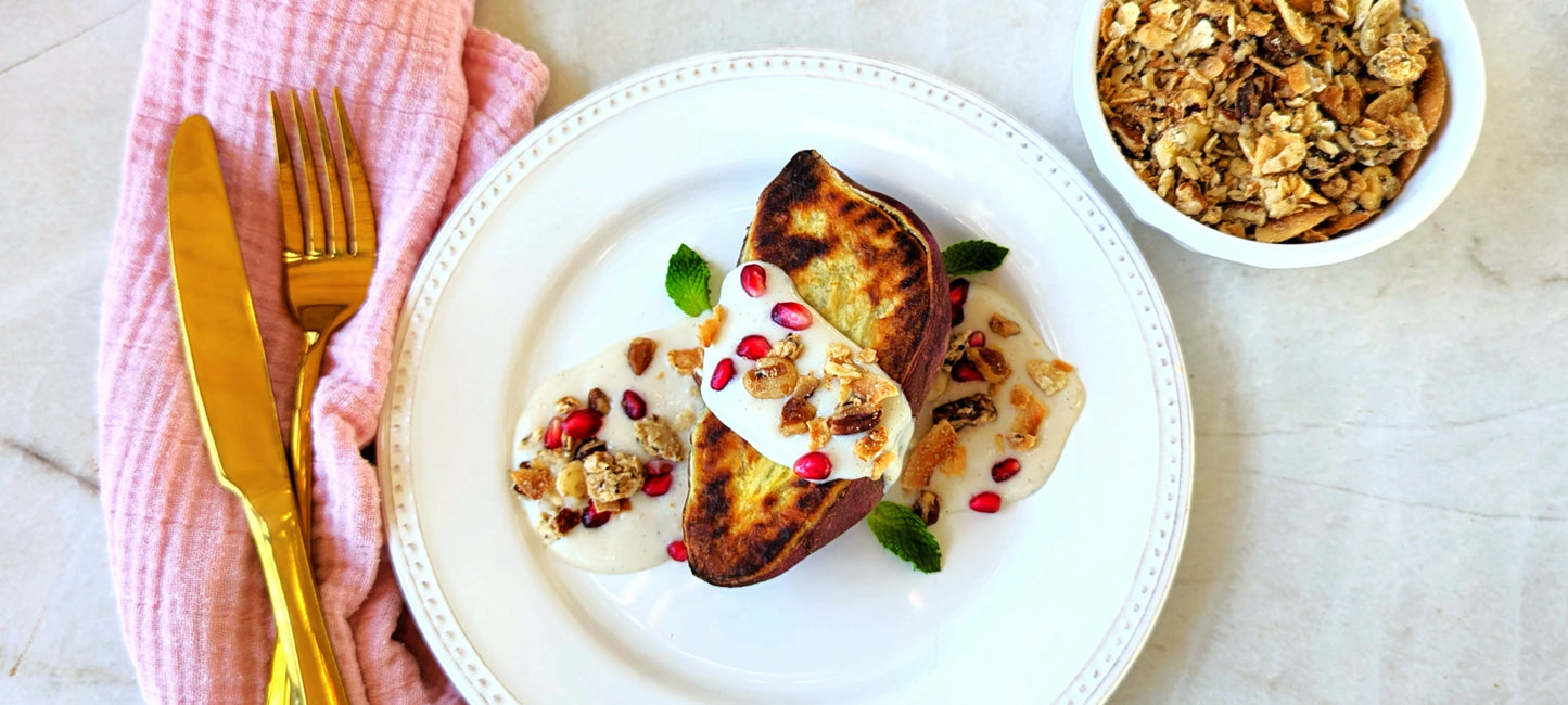 Caramelized Japanese Sweet Potato With Coconut Sauce and Granola