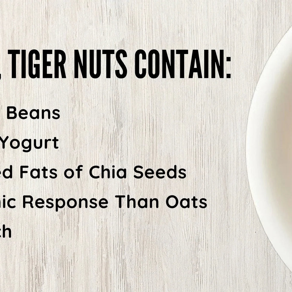 Gram For Gram Tiger Nuts Contain: 3 x Fiber of Black Beans, 6 x Potassium of Yogurt, 8 x Monosaturated Fats of Chia Seeds, 3 x Lower Glycemic Response Than Oats, 2 x Iron of Spinach
