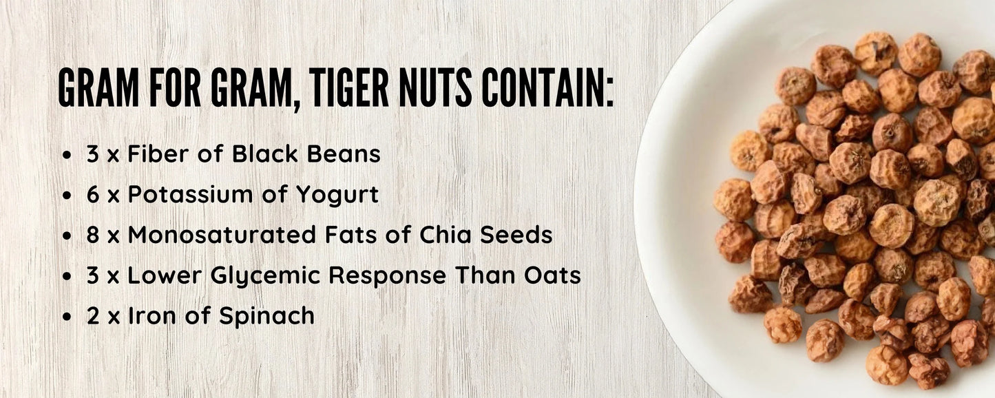 Gram For Gram Tiger Nuts Contain: 3 x Fiber of Black Beans, 6 x Potassium of Yogurt, 8 x Monosaturated Fats of Chia Seeds, 3 x Lower Glycemic Response Than Oats, 2 x Iron of Spinach