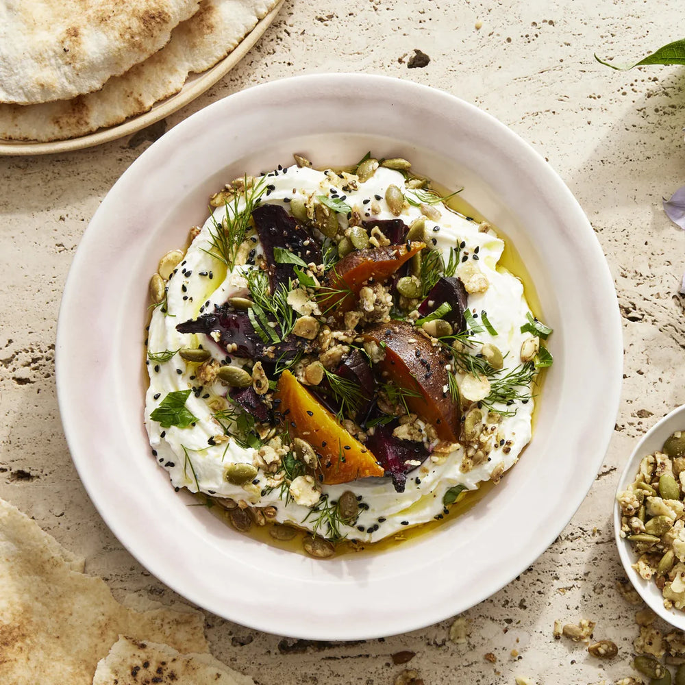 Labneh and herby beets with granola topper.