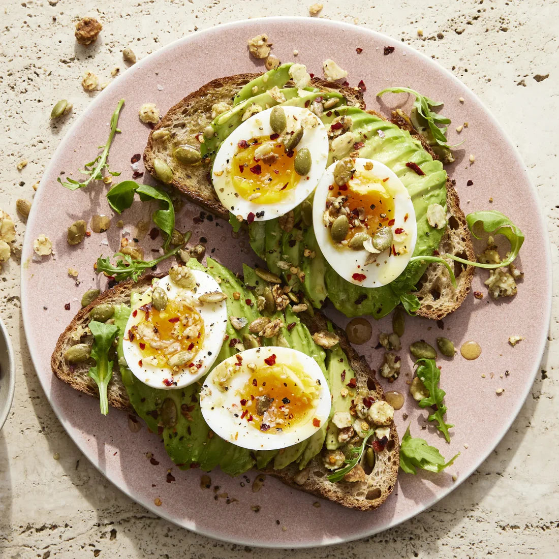 Struesli jammy egg and avocado toast.