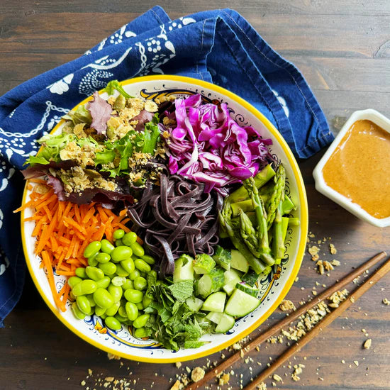 Forbidden noodle salad with savory seed granola crunch