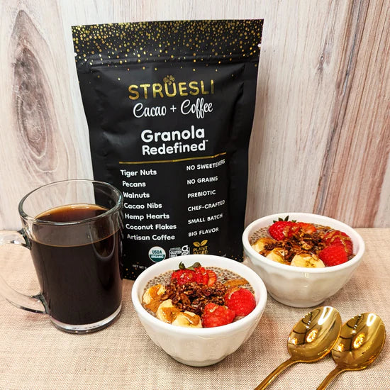 Coffee-infused warm chia pudding with berries and coffee-flavored granola.