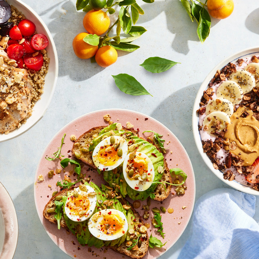 A variety of dishes topped with Struesli's organic granola