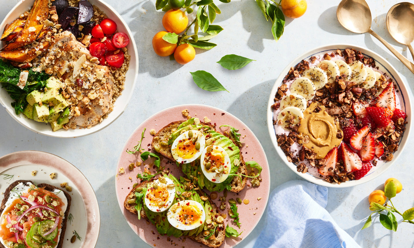 A variety of dishes topped with Struesli's organic granola