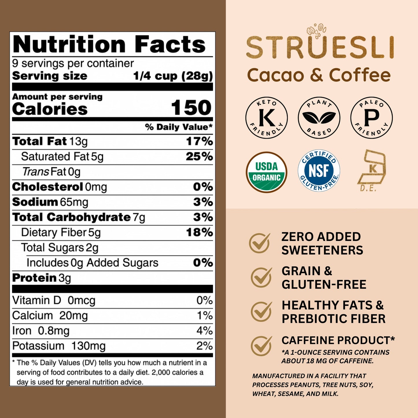 Nutrition Facts Label for Struesli Cacao & Coffee Granola. 9 servings per container. Serving size 1/4 cup (28g). Amount per serving - Calories 150.