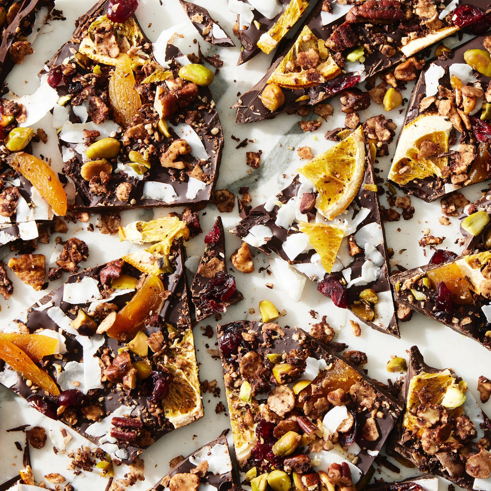 Sweet And Salty Granola Chocolate Bark With Coconut Flakes And Dried Fruit