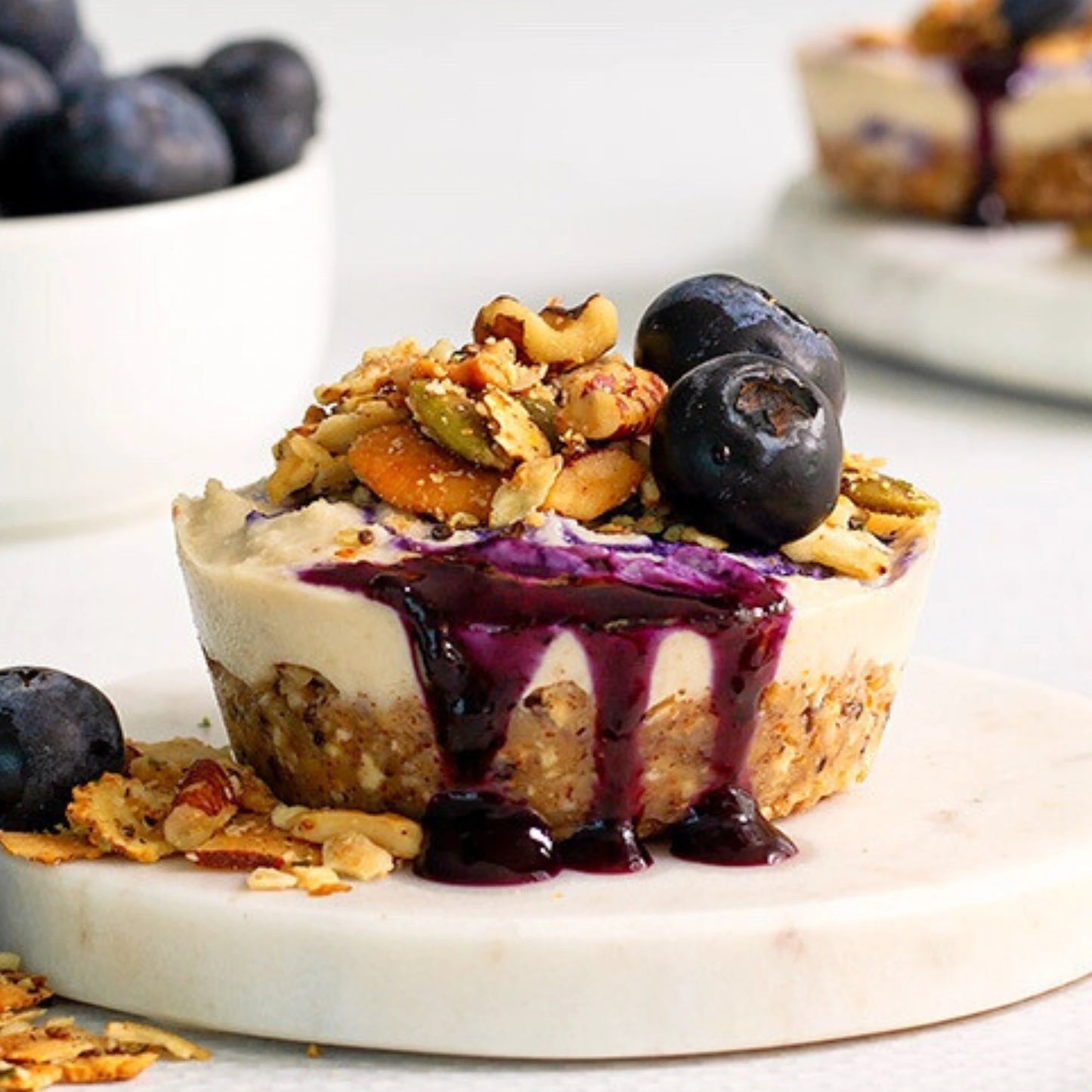 No-Bake Blueberry Cashew Granola Mini Cheesecakes