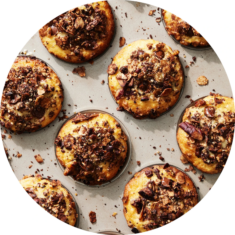 Muffins topped with Struesli Cacao + Coffee granola.