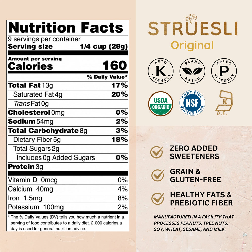 Nutrition Facts Label for Struesli Original Granola. 9 servings per container. Serving size 1/4 cup (28g). Amount per serving - Calories 160.