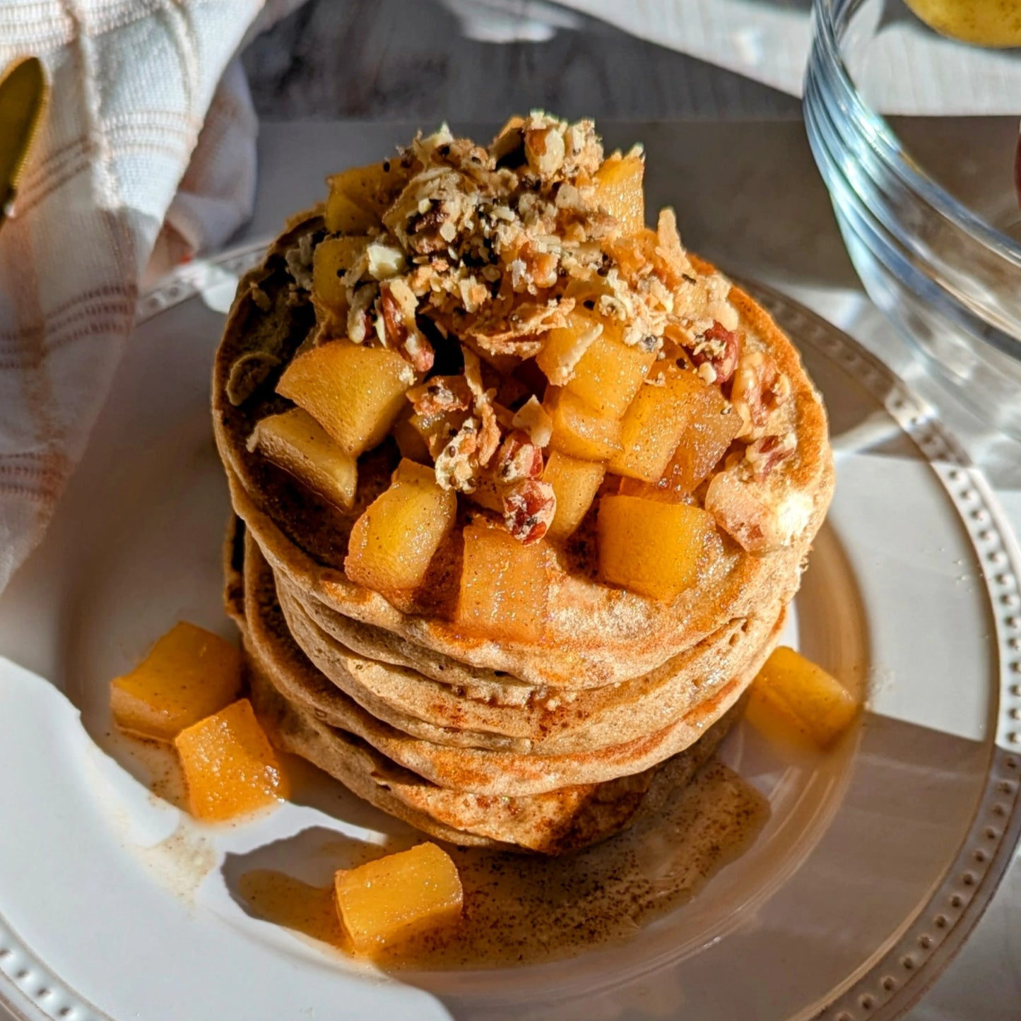 Gluten-Free Pancakes With Cinnamon Apple Compote And Granola Crisp