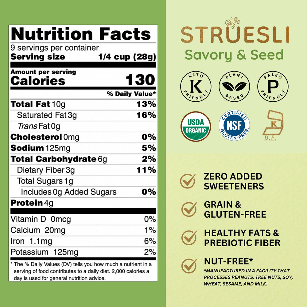 Nutrition Facts Label for Struesli Savory & seed Granola. 9 servings per container. Serving size 1/4 cup (28g). Amount per serving - Calories 130.